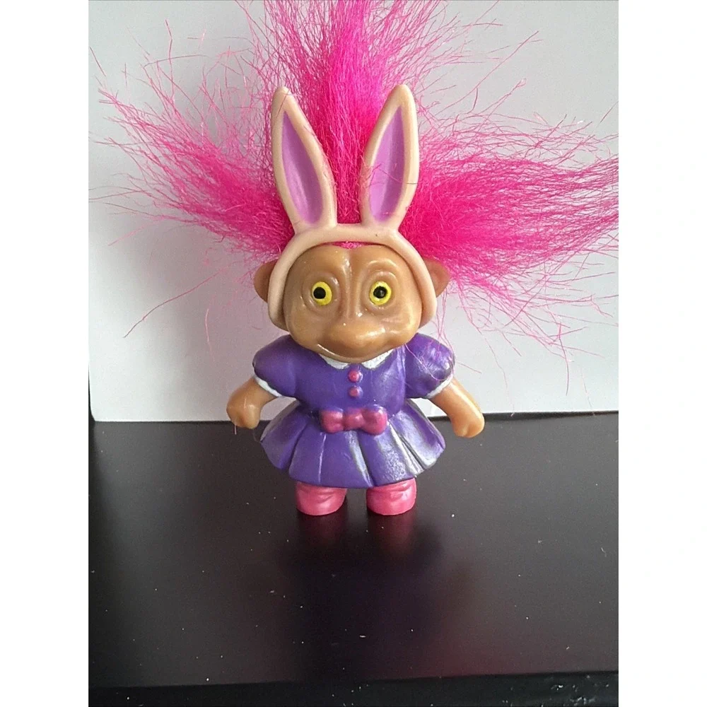 Troll Dolls Vintage Easter Bunny, Set of 4, Pink Green Hair 3 Inch Figures